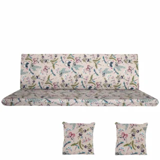 Poduszka na ławkę ogrodową 150cm z jaśkami, wzór kwiatowy na beżowym tle, do ogrodu.
