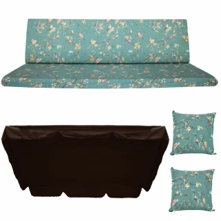 Poduszka ogrodowa 150cm na huśtawkę, pojedyncza z jaśkami i daszkiem, w kwiecisty wzór na zielonym tle.