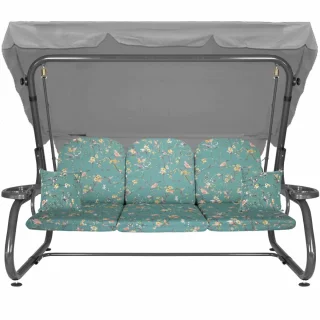 Huśtawka ogrodowa z daszkiem, cała, w odcieniu jasnoniebieskim z wzorem kwiatowym. Idealna do ogrodu.