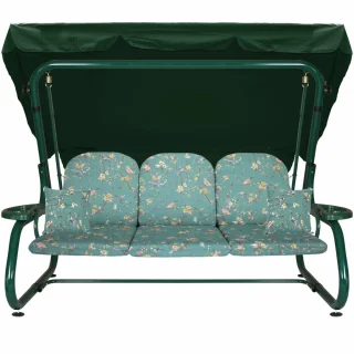 Huśtawka ogrodowa zielona z kwiatowym wzorem, przeznaczona do ogrodu. Cała huśtawka z daszkiem w komplecie.