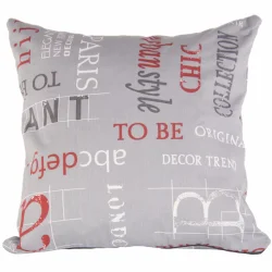 Jasiek dekoracyjny do salonu z szarym tłem i napisem w różnych kolorach. Idealny na kanapę lub fotel.