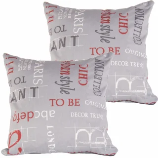 Zestaw jaśków dekoracyjnych do domu w szarym kolorze z nadrukiem napisów w odcieniach czerwieni i bieli.