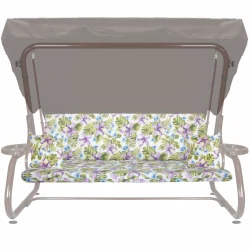 Poduszka na ławkę ogrodową 180cm, na huśtawkę, z jaśkami, wzór kwiatowy w zielono-fioletowej kolorystyce.