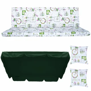 Poduszki ogrodowe na ławkę 180cm, z jaśkami i daszkiem. Biały wzór z zielonymi oraz fioletowymi elementami, daszek zielony.