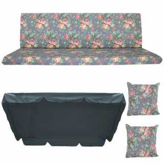 Poduszki ogrodowe 180cm na ławkę ogrodową. Zestaw składa się z poduszki, jaśków i daszka w kwiatowy wzór.