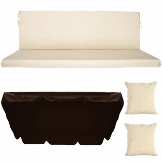 Poduszka ogrodowa 180 cm z jaśkami i daszkiem, na ławkę do ogrodu, beżowa i brązowa.