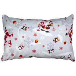 Poduszka świąteczna na sofę z wzorem Mikołaja i pingwinów na szarym tle. Idealna na kanapę w okresie bożonarodzeniowym.