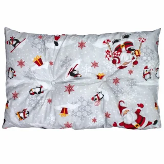 Poduszka świąteczna 50cmx30cm, na kanapę, z motywem Mikołaja i pingwinów na szarym tle. Pojedyncza sztuka.