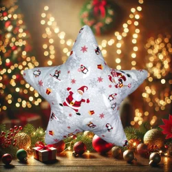 Poduszka dekoracyjna w kształcie gwiazdy, z motywem świątecznym, idealna na kanapę. Pojedyncza poduszka w kolorach białym i czerwonym.