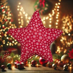 Poduszka świąteczna w kształcie gwiazdy, do dekoracji domu. Czerwona z białym wzorem śnieżynek.