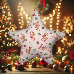 Poduszka świąteczna w kształcie gwiazdy z reniferami, idealna na kanapę. Kolor biały z wzorem z reniferami i prezentami.