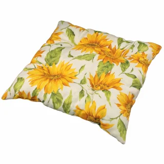 Poduszka na krzesło, pojedyncza sztuka, z jasnym tłem ozdobionym wzorem żółtych słoneczników.