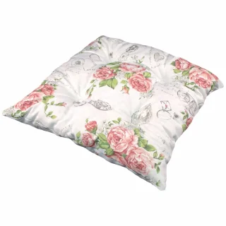 Poduszka na krzesło, pojedyncza sztuka, z motywem kwiatów różowych na białym tle.