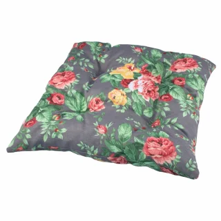 Poduszka na krzesło z kwiatowym wzorem, pojedyńcza sztuka. Dominują kolory szary, różowy i zielony.