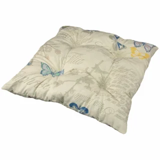 Poduszka na krzesło pojedyncza, kremowa z wzorem motyli i napisów.
