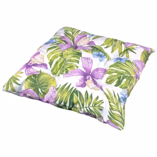 Poduszka na krzesło 40cmx40cm, pojedyncza sztuka, z motywem kwiatowym w kolorach zielonym, fioletowym i białym.