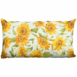 Dekoracyjna poduszka na kanapę z motywem słoneczników na białym tle. Idealna do salonu lub sypialni.