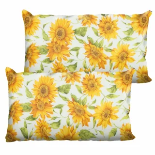 Zestaw jaśków dekoracyjnych na kanapę z motywem słoneczników na białym tle.