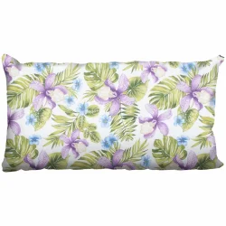 Dekoracyjny jasiek na sofę z motywem tropikalnych kwiatów i liści, w odcieniach fioletu, zieleni i niebieskiego.