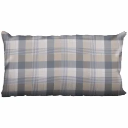 Poduszka do sypialni z kraciastym wzorem w odcieniach szarości i beżu. Idealna na łóżko lub kanapę.