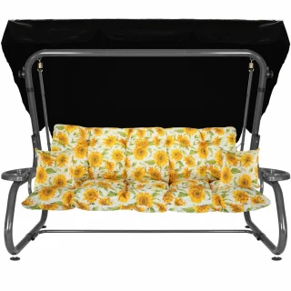 Huśtawka ogrodowa z metalowym stelażem, żółty wzór słoneczników. Idealna do ogrodu lub na taras.