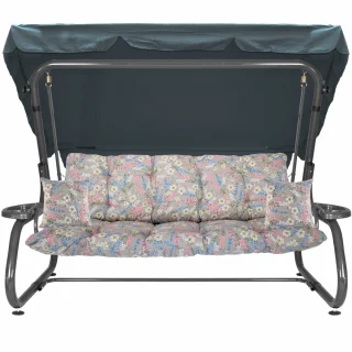 Huśtawka ogrodowa na taras, cała, w kwiatowy wzór z grafitowym stelażem.