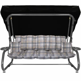 Huśtawka ogrodowa z daszkiem, w kratę, na taras. Cała konstrukcja z ciemnymi elementami.