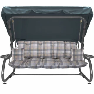 Huśtawka ogrodowa z daszkiem, idealna na taras. W szaro-beżową kratę, z poduszkami.