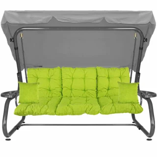 Huśtawka ogrodowa metalowa z szarym dachem i limonkowym siedziskiem. Idealna do ogrodu.