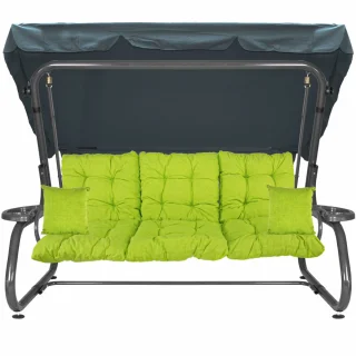 Huśtawka ogrodowa z daszkiem, zielona, do ogrodu. Cała konstrukcja z poduszkami.