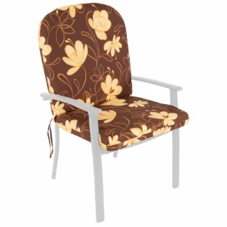 Poduszka na fotel ogrodowy, pojedyncza sztuka, brązowa z żółtym kwiatowym wzorem.