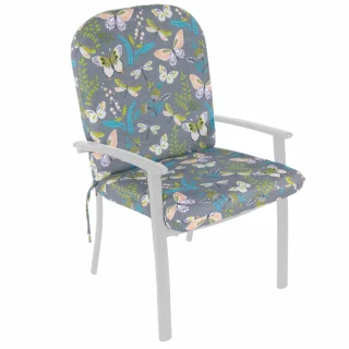 Poduszka na fotel ogrodowy z wzorem motyli, pojedyńcza sztuka. Kolorystyka szara z kolorowymi motylami.