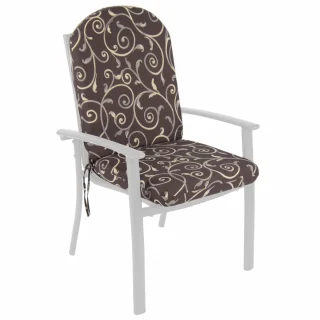 Poduszka na fotel ogrodowy, pojedyńcza sztuka, brązowa z jasnym, ozdobnym wzorem.