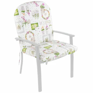 Poduszka na fotel ogrodowy, pojedyncza sztuka, biała z kolorowym wzorem kwiatowym.