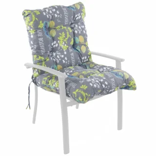 Poduszka na fotel ogrodowy, pojedyńcza sztuka, szara w kolorowe kwiaty i napisy.