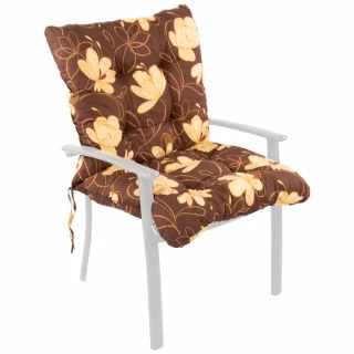 Poduszka na fotel ogrodowy, pojedyńcza sztuka, brązowa z kwiatowym wzorem w kolorze żółtym.