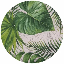 Tkanina z motywem zielonych liści, idealna do ogrodu lub na taras. Jasne tło z zielonym wzorem roślinnym.