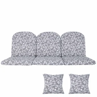 Poduszki ogrodowe 180cm, na ławkę, z jaśkami, szary wzór w białe zawijasy. Idealne na taras lub do ogrodu.