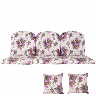 Poduszki ogrodowe 180cm na huśtawkę. Wzór z fioletowymi kwiatami na białym tle; komplet z jaśkami.