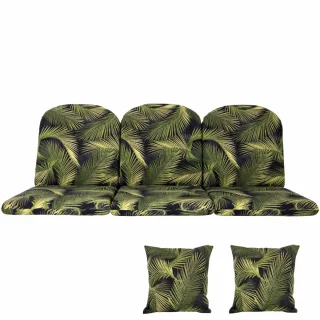 Poduszki ogrodowe 180cm na ławkę, komplet z jaśkami, w zielone liście.