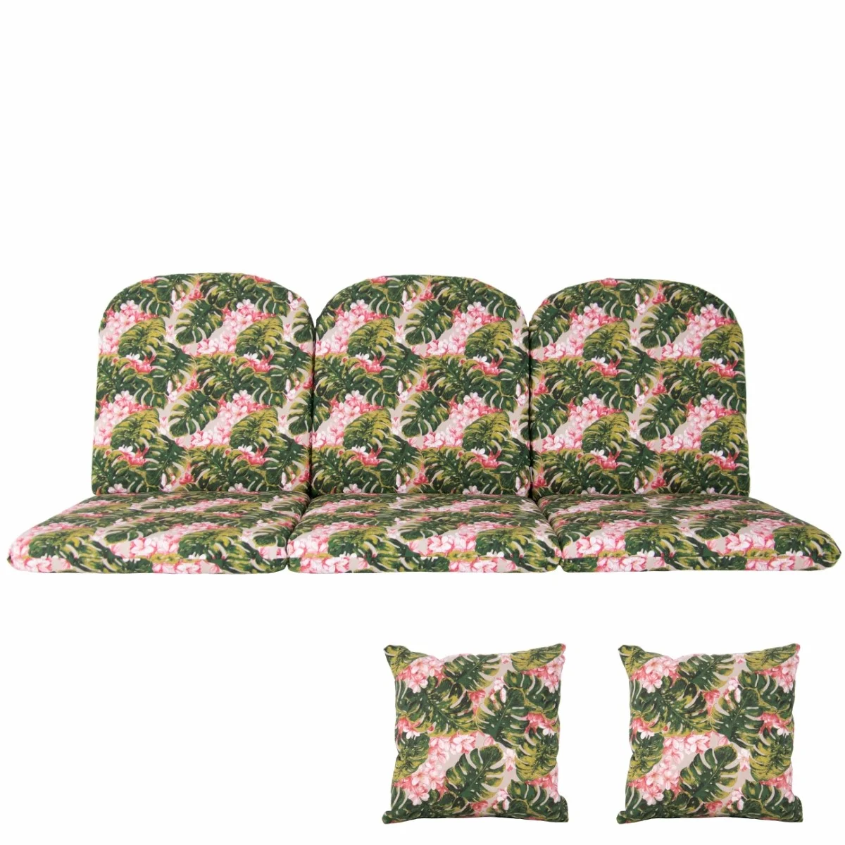 Poduszki ogrodowe 180cm na huśtawkę, z jaśkami, wzór roślinny w kolorach zielonym i różowym.