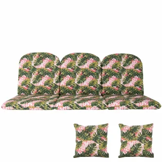 Poduszki ogrodowe 180cm na huśtawkę, z jaśkami, wzór roślinny w kolorach zielonym i różowym.