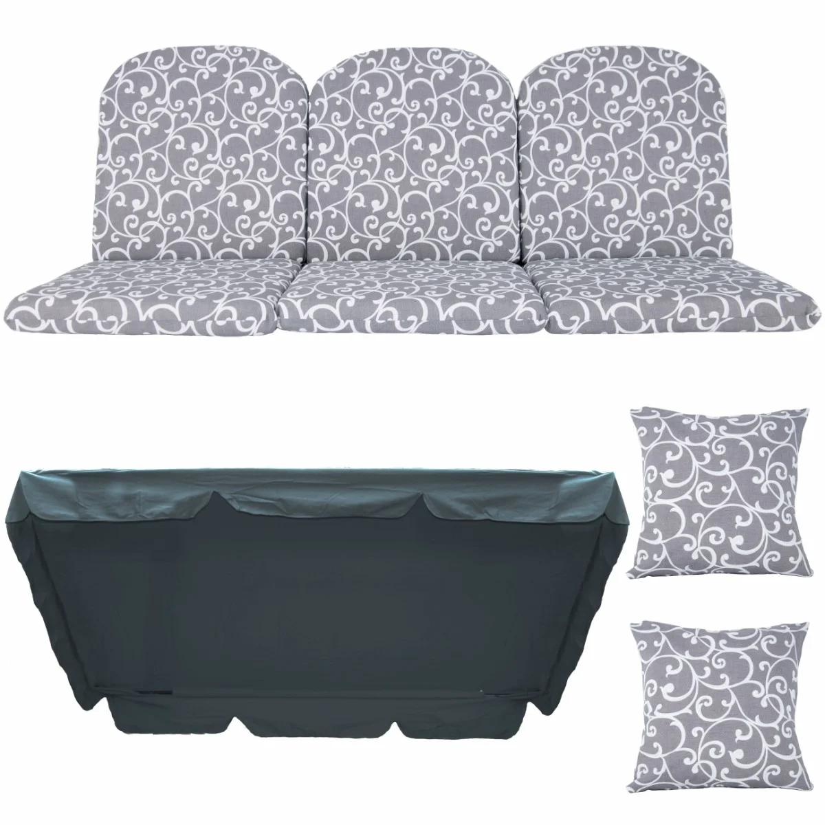 Poduszki ogrodowe 180cm na ławkę z szarym wzorem, komplet z jaśkami i daszkiem.