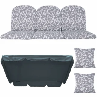 Poduszki ogrodowe 180cm na ławkę z szarym wzorem, komplet z jaśkami i daszkiem.