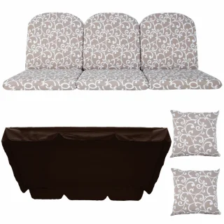 Poduszki ogrodowe 180cm na ławkę w komplecie z jaśkami i daszkiem, beżowe z białym wzorem.