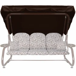 Poduszki na huśtawkę do ogrodu z jaśkami i daszkiem, wzór roślinny, kolor beżowy z białymi zdobieniami.