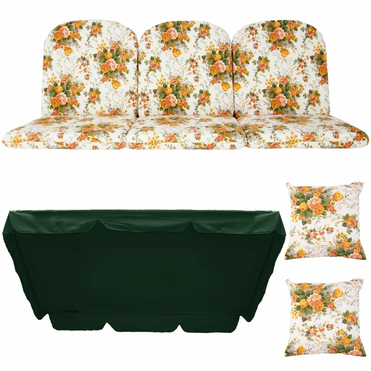 Poduszki ogrodowe 180cm na huśtawkę, zestaw z daszkiem i jaśkami. Kwiatowy wzór na jasnym tle, daszek w kolorze zielonym.