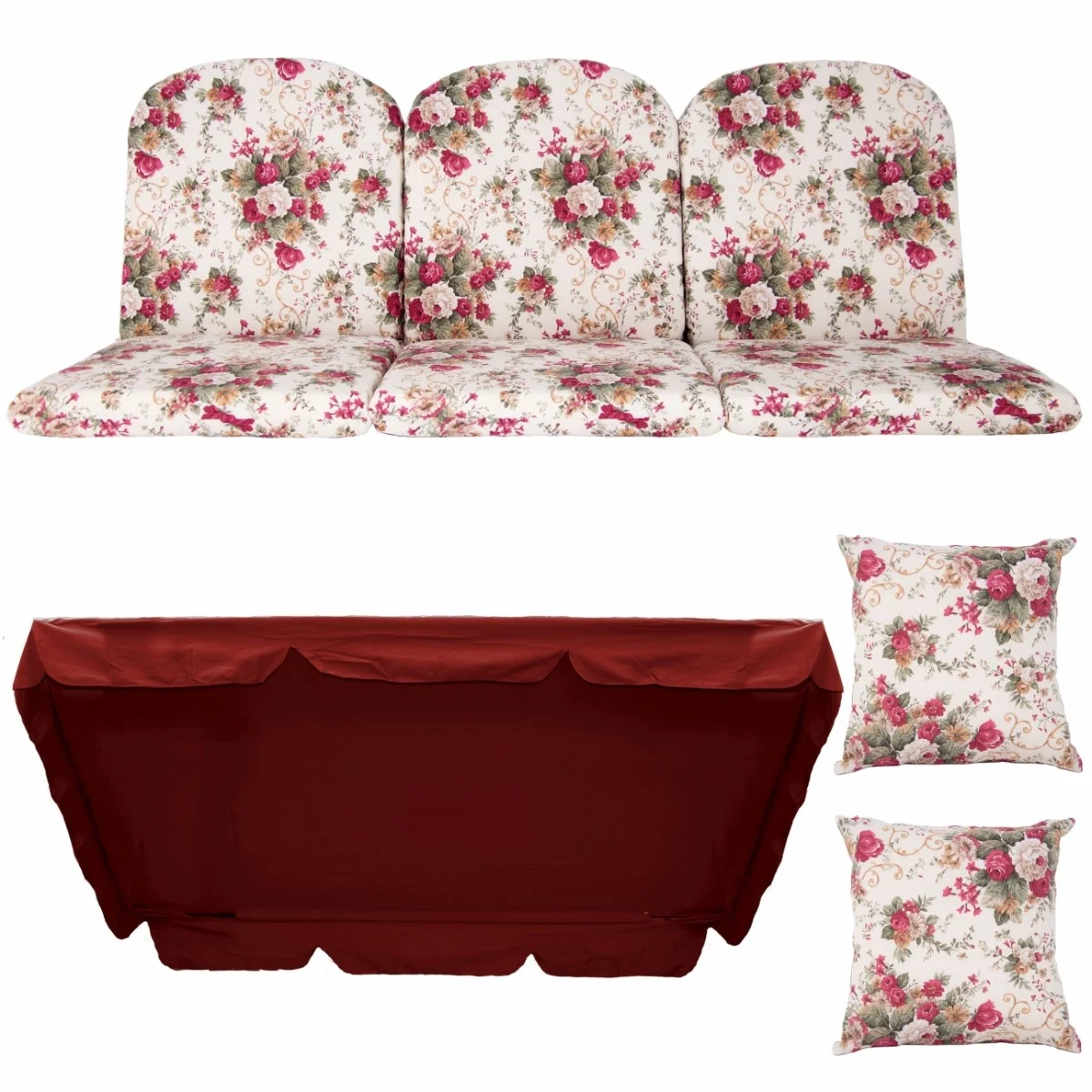 Poduszki ogrodowe 180cm na huśtawkę, wzór kwiatowy. Zestaw z jaśkami i daszkiem, kolor czerwony i kwiatowy.