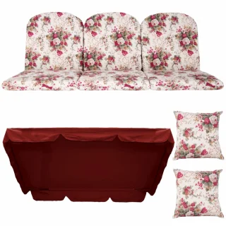 Poduszki ogrodowe 180cm na huśtawkę, wzór kwiatowy. Zestaw z jaśkami i daszkiem, kolor czerwony i kwiatowy.