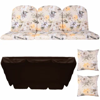 Poduszki ogrodowe 180cm na huśtawkę, z jaśkami i daszkiem, kwiatowy wzór w odcieniach żółci i brązów.